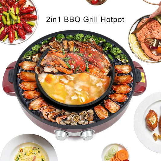 2200W 2-in-1 Electric Smokeless Grill & Hot Pot – Portable BBQ Grill and Shabu Split Pot, Multifunction Barbecue Pan (110V)