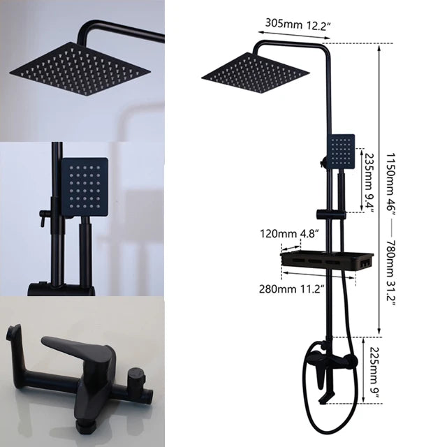 Zappo Matte Black 3-Way Wall-Mounted Rainfall Shower System – Shelf & Bathtub Mixer Included