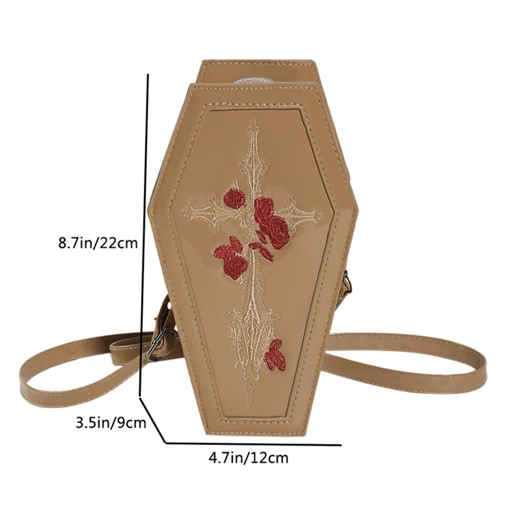 Women’s Coffin Satchel Cartoon Gothic Crossbody Bag – Rose Print Y2K Cellphone Pouch