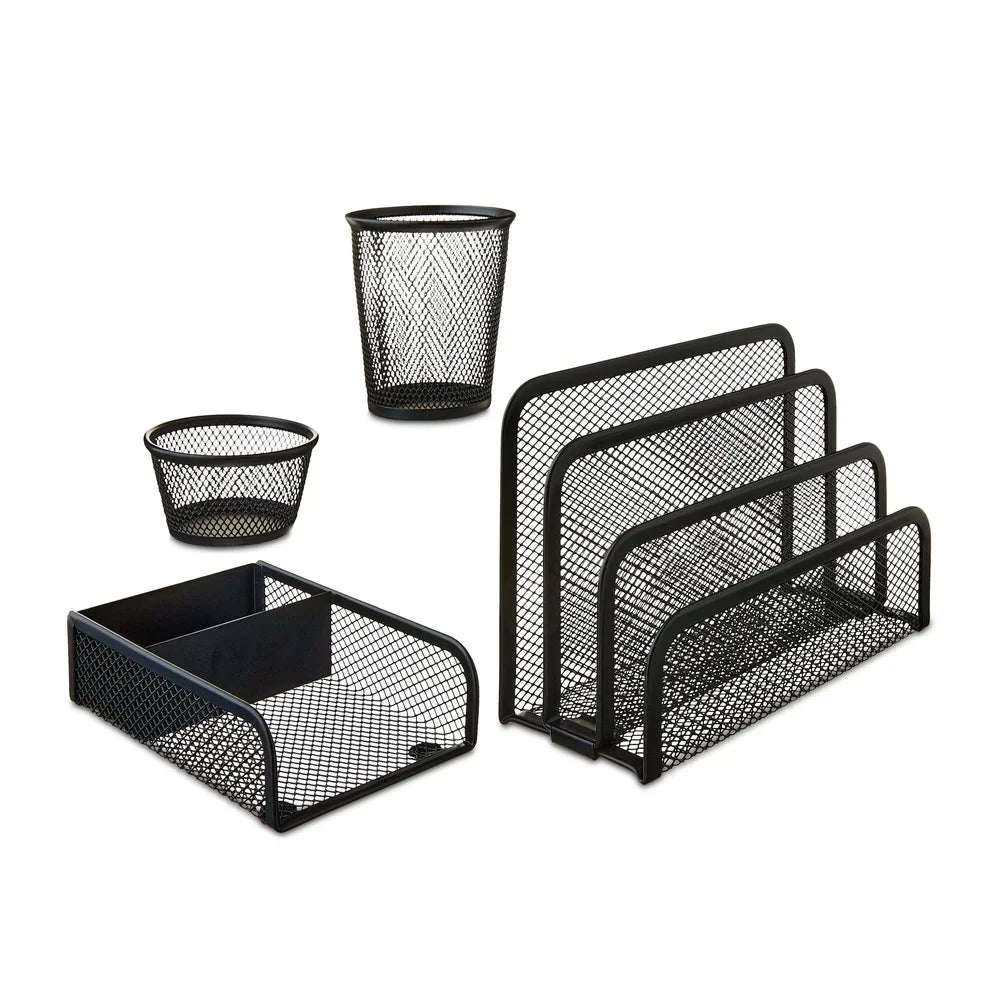Metal Mesh 4-Piece Desk Organizer Set – Letter Sorter, Pencil Cup, Clip Holder & Memo Tray