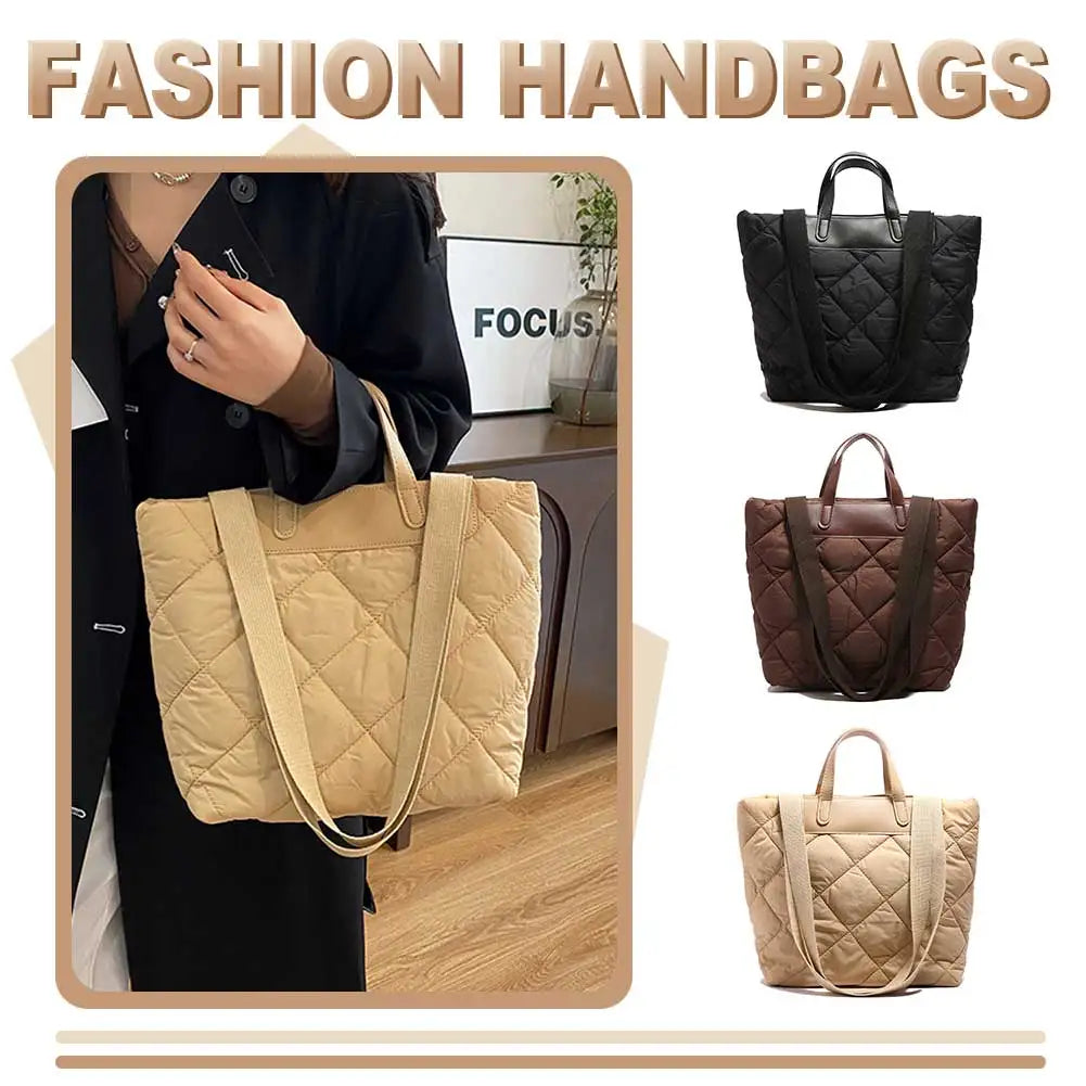 Women’s nylon puffer tote bag – quilted solid color large-capacity shoulder handbag, lightweight satchel purse for work & travel