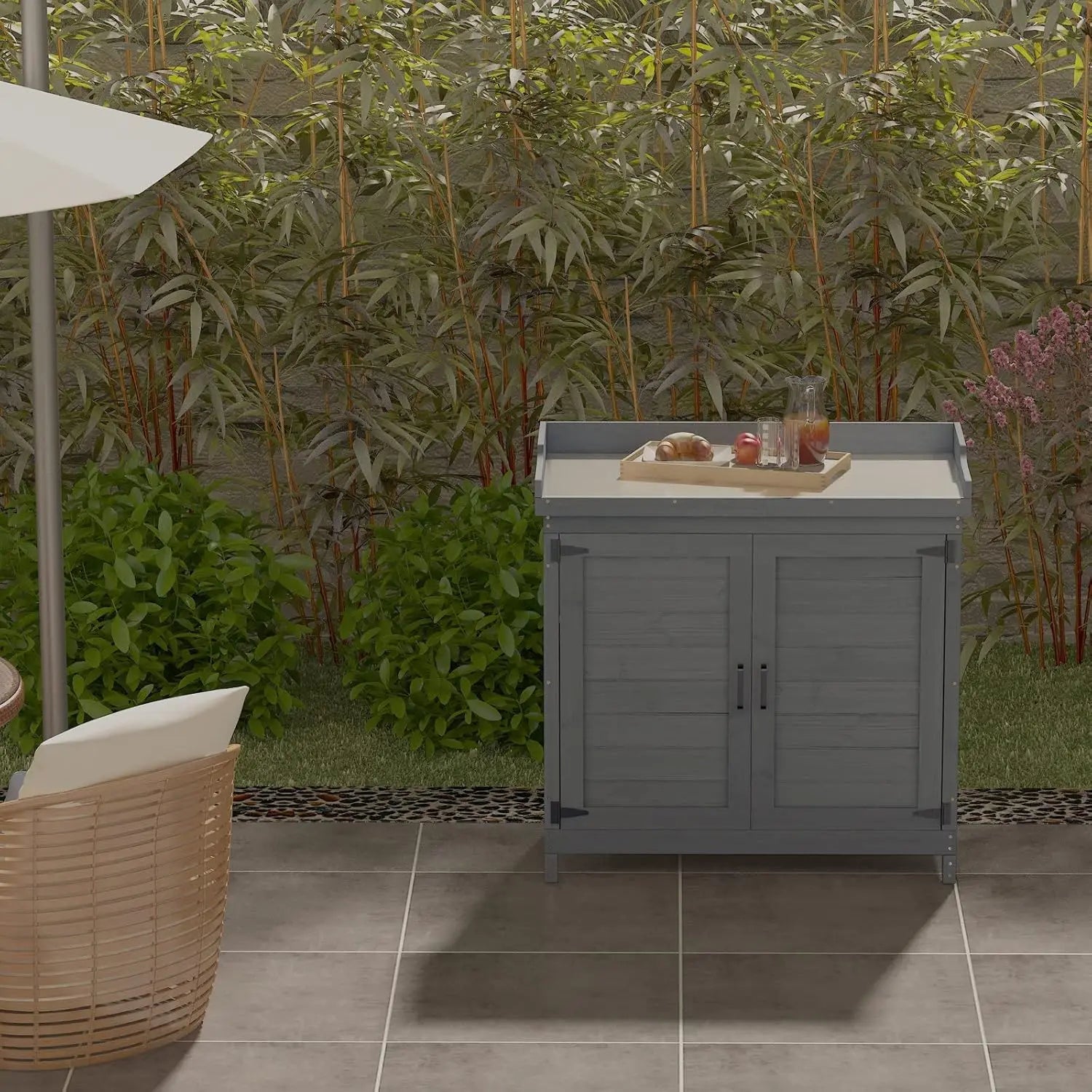 Outdoor Wooden Storage Cabinet – Waterproof Garden Tool Shed with Potting Bench & Work Station Table | Patio & Backyard Organizer