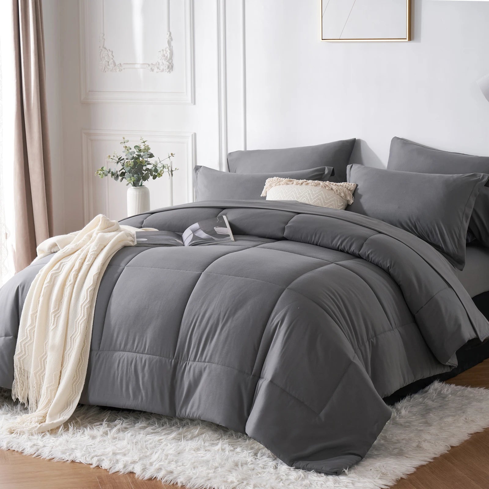 7-Piece “Bed-in-a-Bag” Comforter Set – Queen Size Solid Geometric Design Bedding Bundle (Sheets, Pillowcases & Comforter)