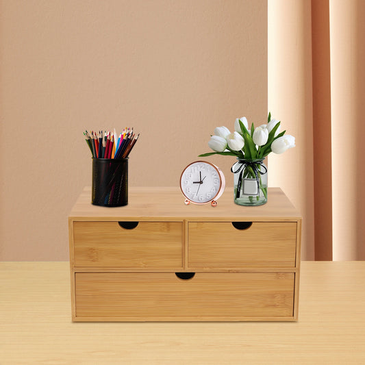 Bamboo 3-Drawer Desk Organizer Box – Compact Wood Desktop Storage Solution
