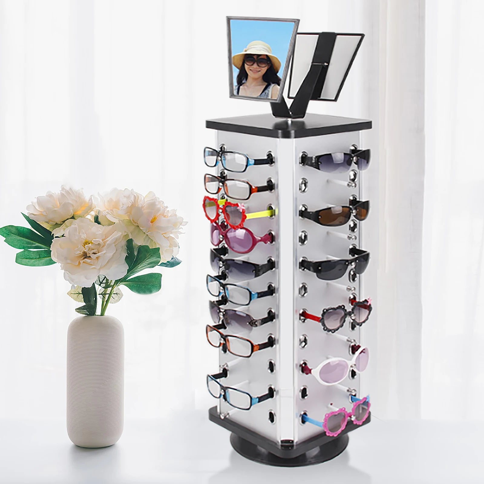 Rotating Sunglass Stand – 44-Pair Glasses Display Rack with Mirror for Commercial & Home Eyewear Organization
