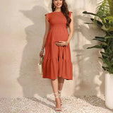Women’s Summer Pleated Maternity Dress – O-Neck Chiffon Pregnancy Outfit with Flying Sleeves, Plus Size Available