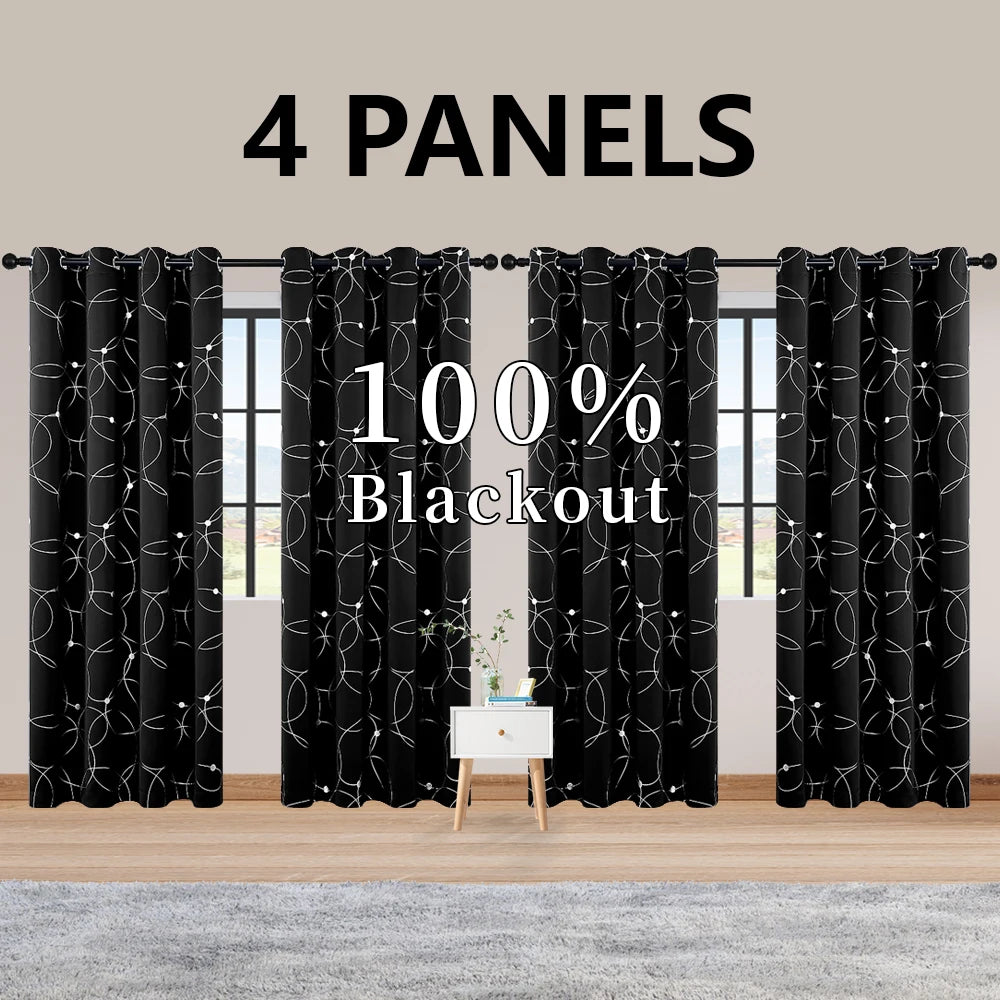 Blackout Thermal Insulated Room-Darkening Curtains – 4-Piece Grommet Circles & Dots Foil Print (Bedroom Set)