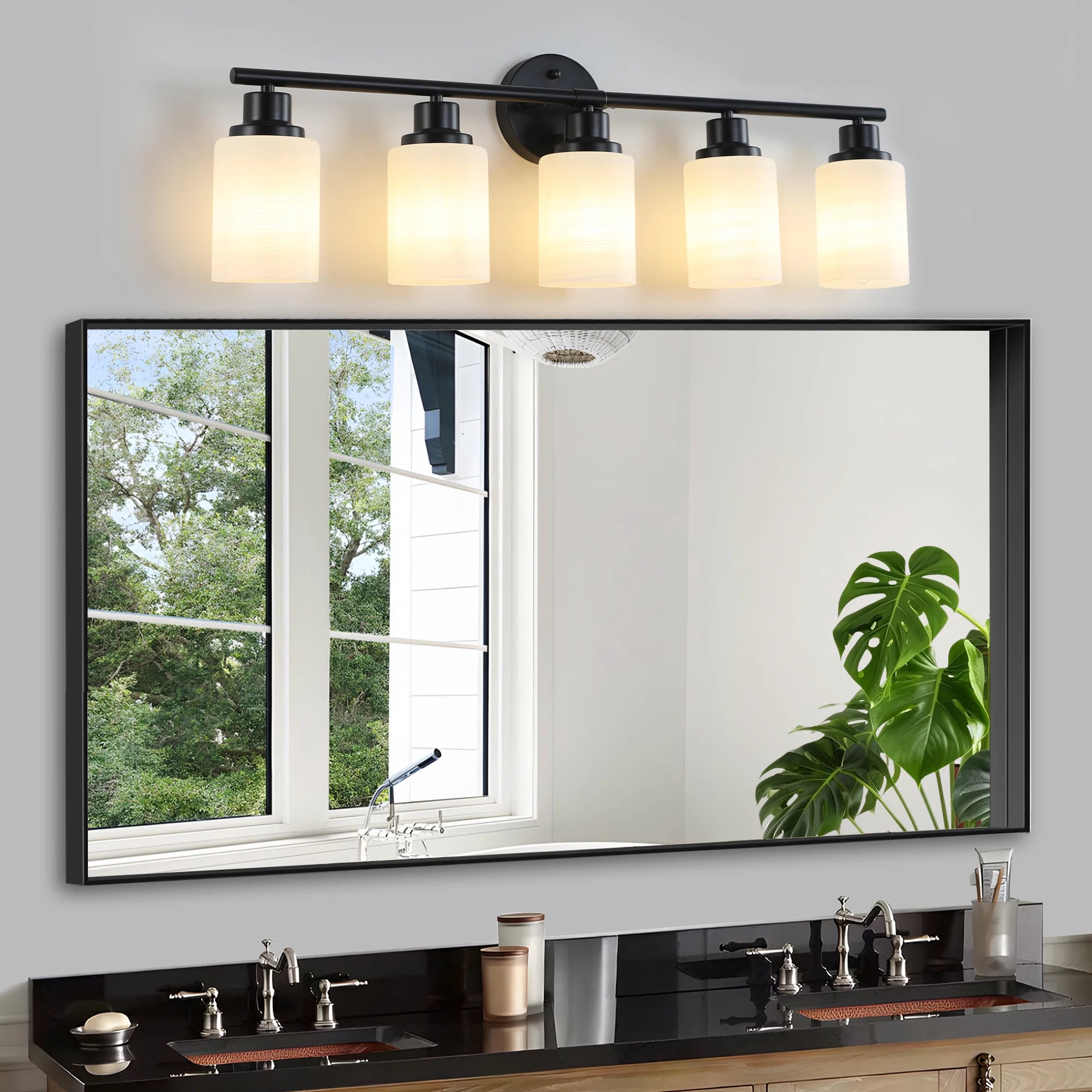 Modern Vanity Bathroom Mirror Light – 4/5/6 Lights, Frosted White Glass Lampshades with Black Iron Frame Contemporary Wall Sconce
