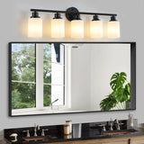 Modern Vanity Bathroom Mirror Light – 4/5/6 Lights, Frosted White Glass Lampshades with Black Iron Frame Contemporary Wall Sconce