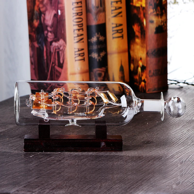 Sailboat in Drifting Bottle – 3D Glass Ornament with Wooden Base for Nautical Home & Tabletop Décor