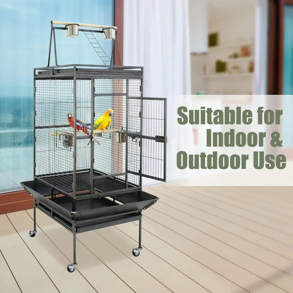 Playtop Parrot Cage – Heavy-Duty Wrought Iron Bird Cage with Rolling Stand, Large Pet Bird House for Parrots & Cockatiels