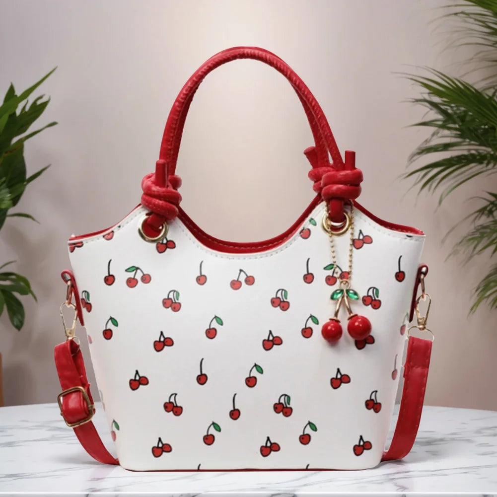 Women’s PU Leather Bucket Shoulder Bag – Cherry Print Crossbody with Adjustable Strap & Top Handle, Trendy Fashion Handbag