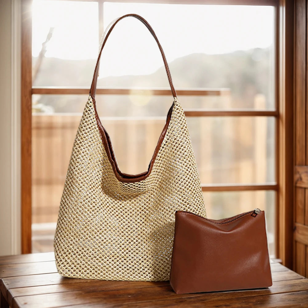 Women’s Straw Tote Bag – Large Capacity Woven Shoulder Bag with PU Purse for Beach, Summer & Travel 👜🌴