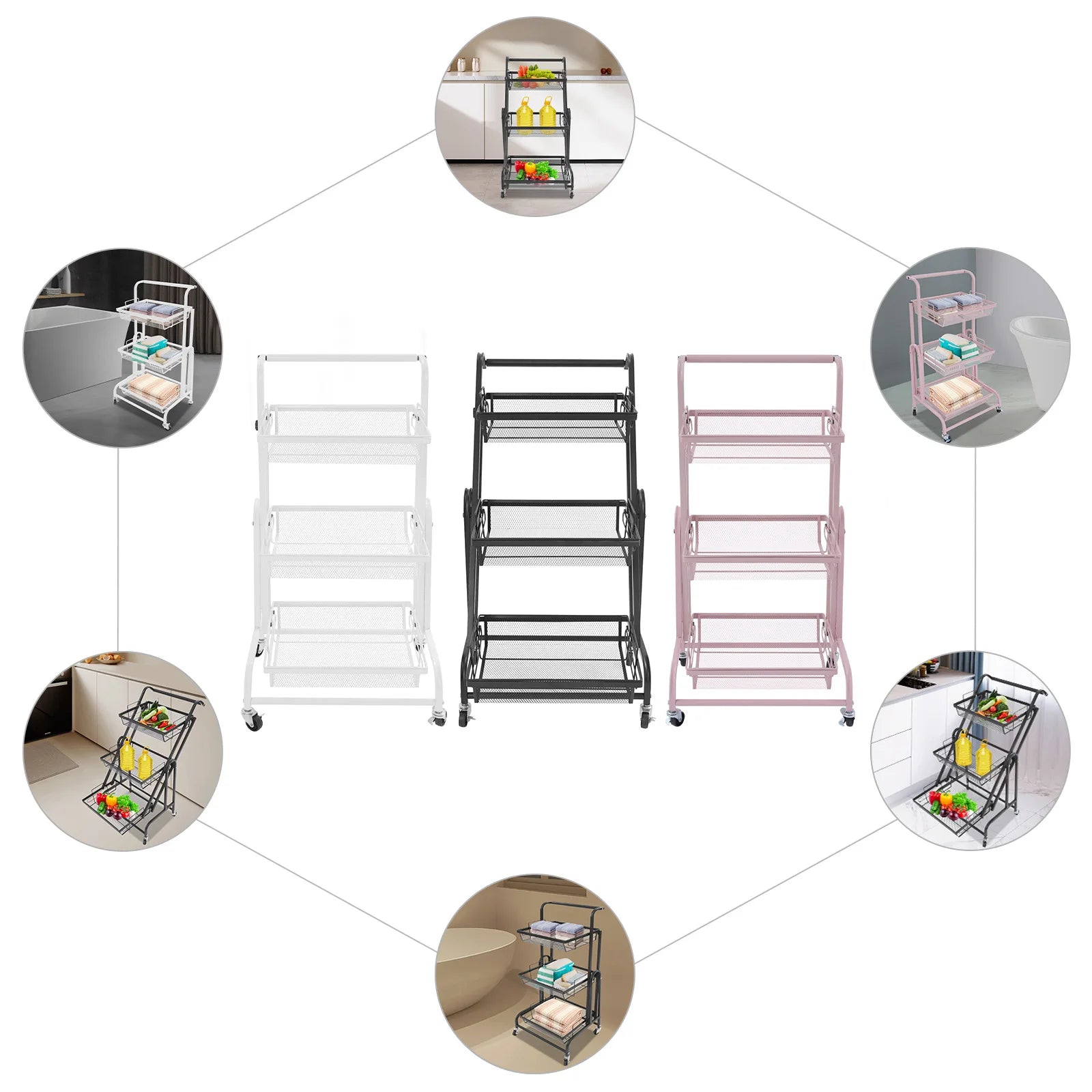 3-Tier Adjustable Rolling Storage Cart with Lockable Wheels – Multi-Room Organizer
