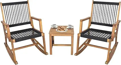 Acacia Wood Rocking Bistro Set – 3-Piece Outdoor Patio Conversation Set with Coffee Table | All-Weather Wooden Rocking Chairs