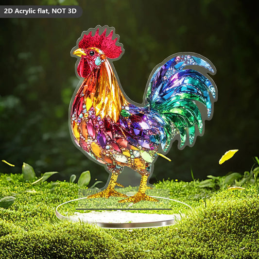 Colorful Acrylic Animal Figurines – 2D Flat Owl & Rooster Decorative Plaques with Base Stand | Modern Tabletop Décor