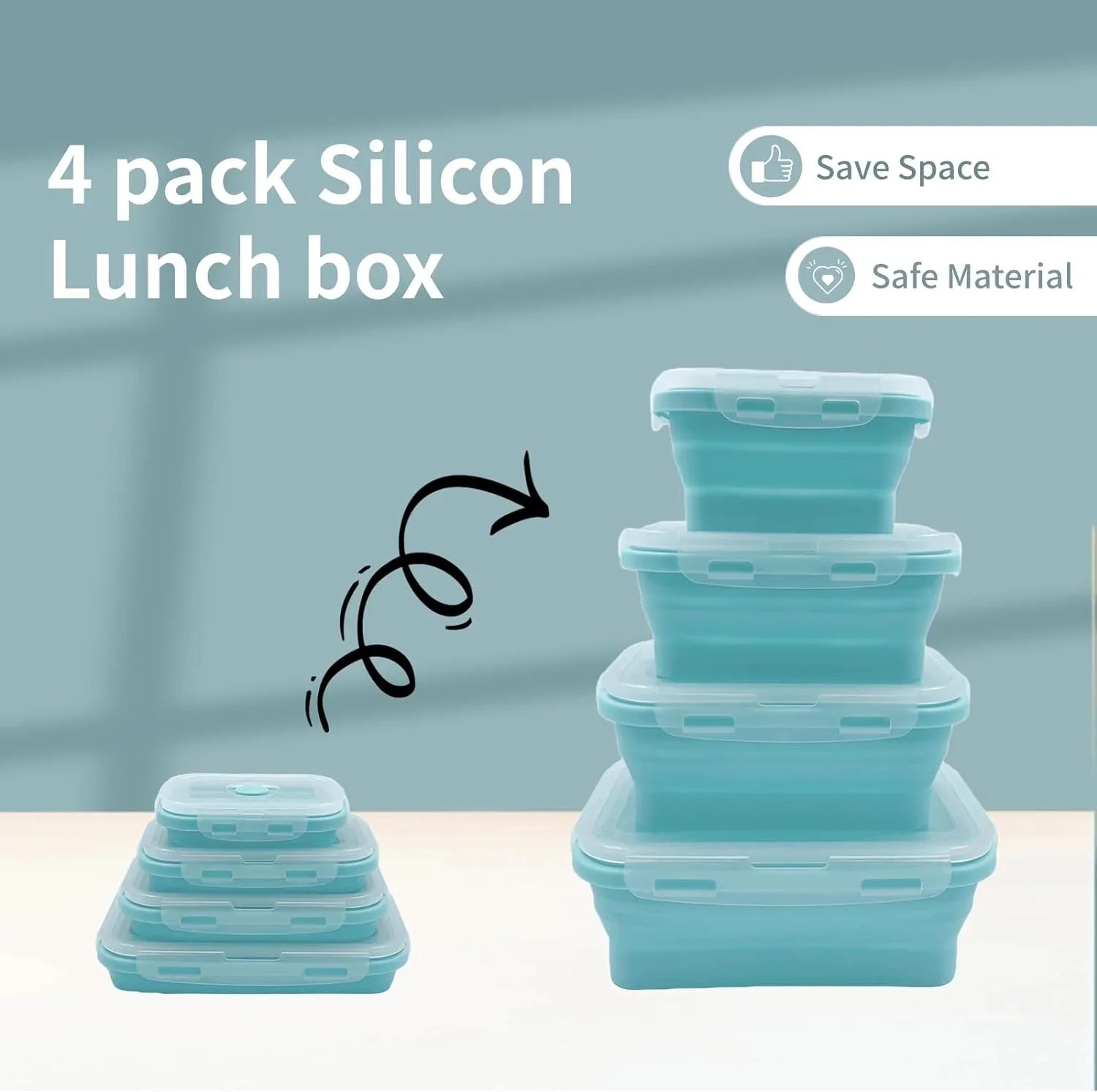 4-Pack Silicone Collapsible Lunch & Food Storage Boxes – Flat Stack Design with Lids, BPA-Free