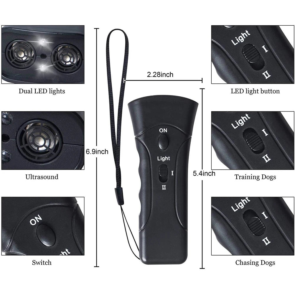 Ultrasonic Bark Control Device – Lightweight Anti-Barking Trainer with LED Flashlight for Pet Training & Bark Deterrent