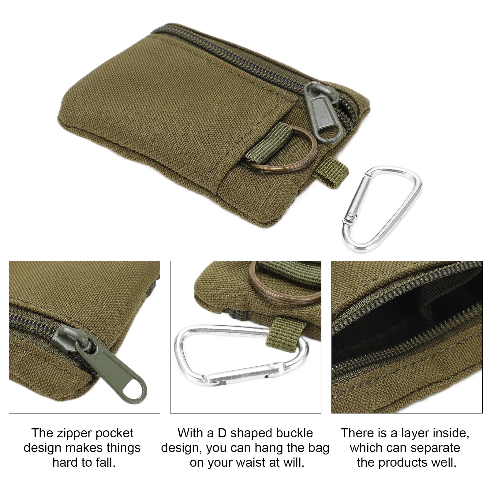 Mini Outdoor MOLLE Pouch – Nylon Zipper EDC Pocket Wallet with Carabiner for Keys, Cards & Essentials