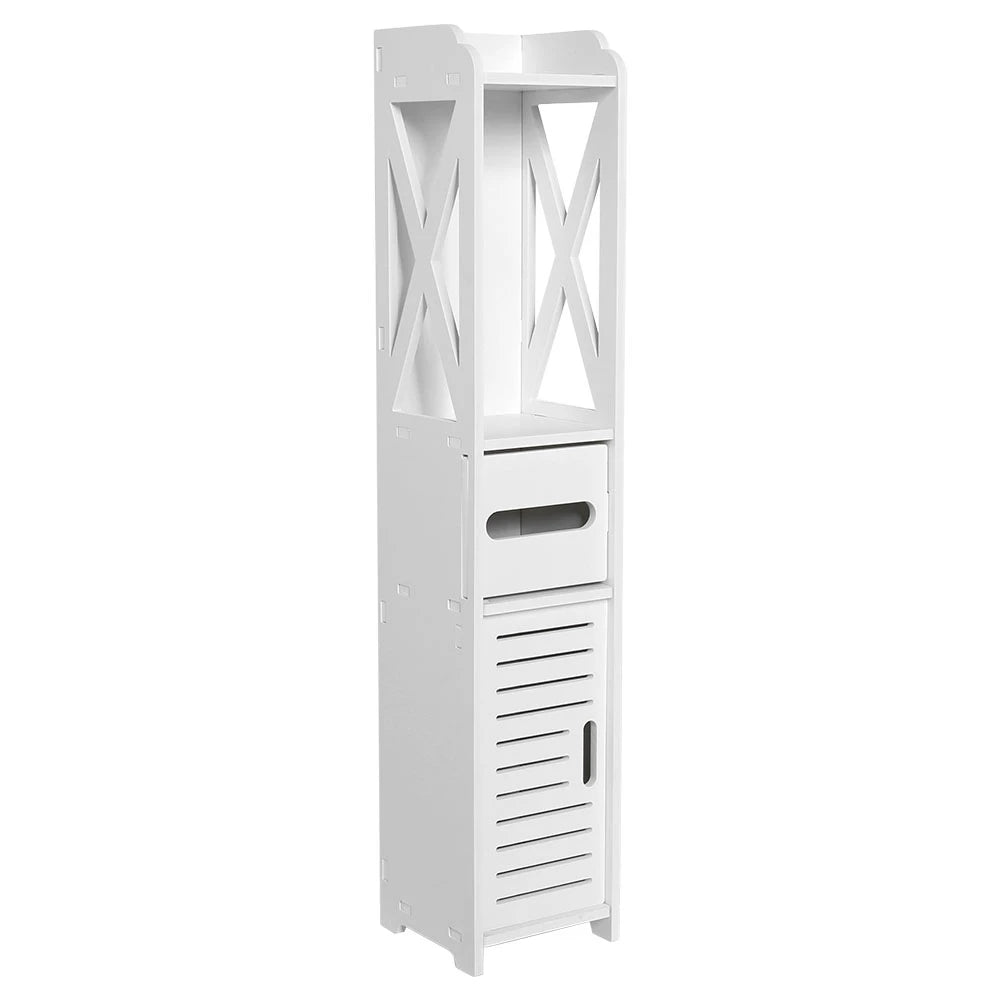 White Wood Bathroom Cabinet 80×15.5×15 cm – Slim Wall or Floor Cupboard with Shelf & Tissue Storage