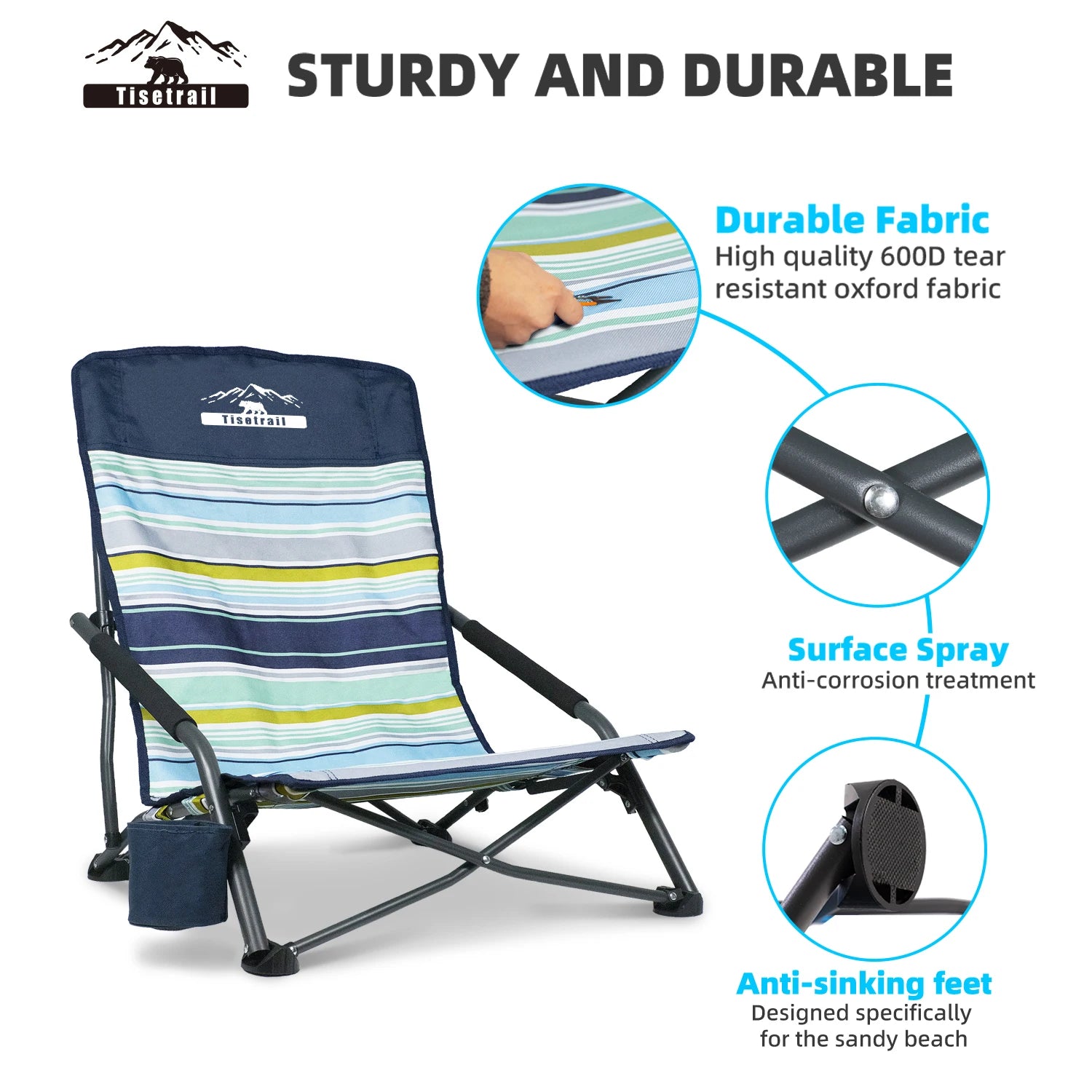 Tisetrail Portable Beach Chair – Low-Back Sling Folding Chair with Cup Holder for Adults (Lightweight, Indoor/Outdoor, Camping/Travel)