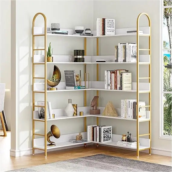 5-Tier L-Shaped Corner Bookcase – White & Gold Modern Display Shelf with Adjustable Feet & Anti-Tip Design