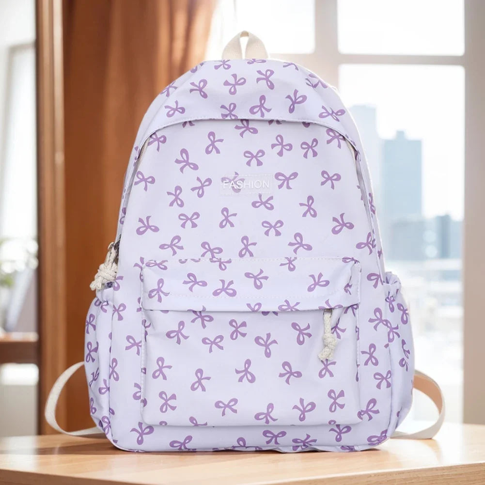 Bow Print Nylon Student Backpack for Girls & Women – Cute Schoolbag with Adjustable Straps for Travel & Daily Use