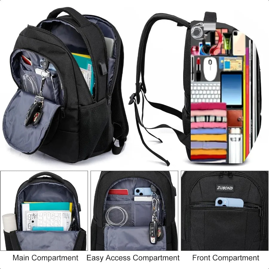 Black 15.6" Laptop School Backpack — Water-Resistant Travel Bag with USB Charging Port for Teens & Adults