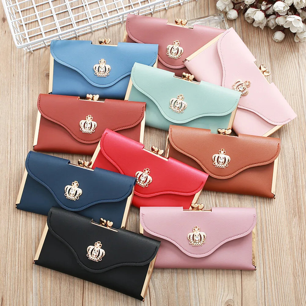 Women’s Crown Style Long Wallet – Elegant PU Leather Hasp & Zipper Clutch with Coin Pocket, Card Holder & Portable Design