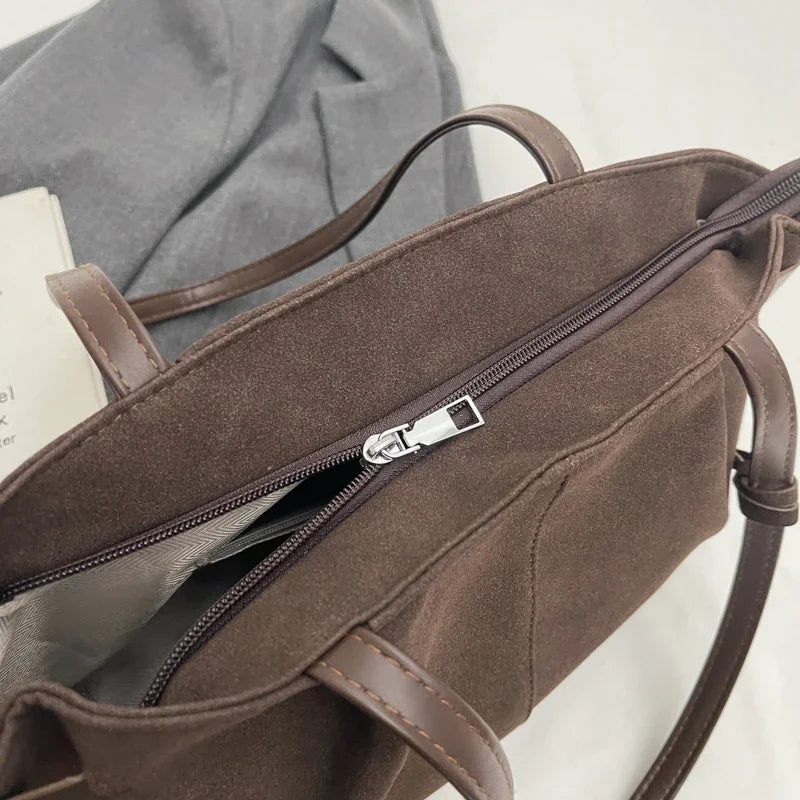 Women’s Suede Tote Bag with Inner Pocket – Solid Color Under-Arm Satchel for Work & Travel