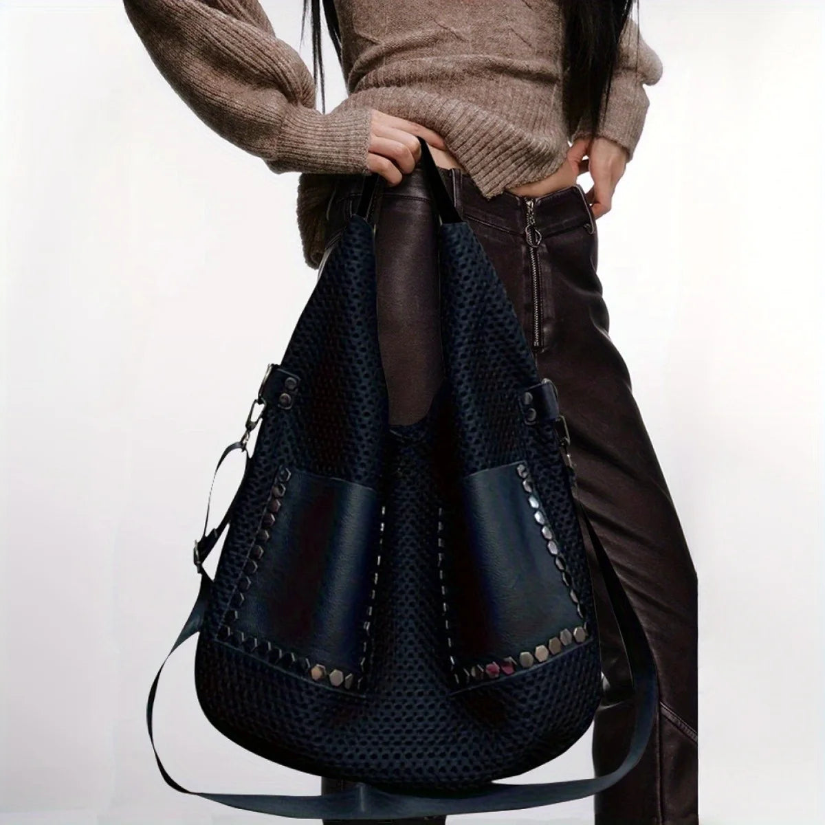 Mesh Splicing Star-Pattern Shoulder Bag – Large-Capacity Y2K Street Tote for Women