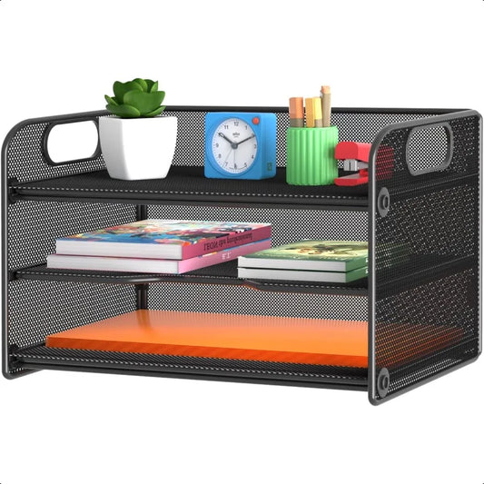 3-Tier Mesh Letter-Tray Paper Organizer with Handle – Black Desktop File Sorter