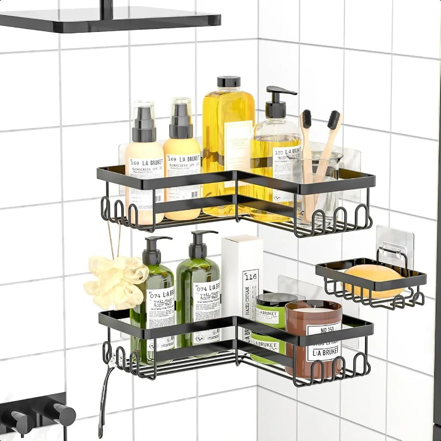 Corner Shower Caddy 3-Pack Adhesive – Stainless Steel Corner Shelf + Soap Holder & Hooks