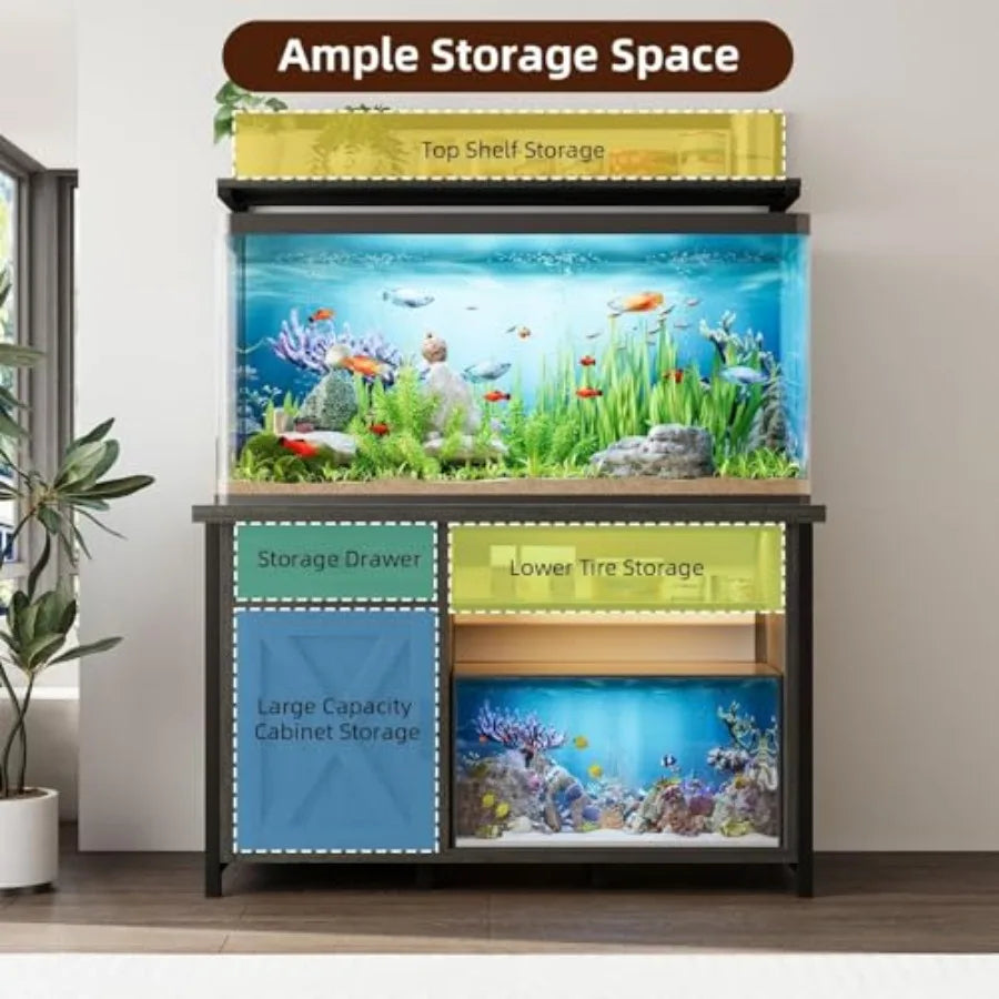 55–75 Gallon Heavy-Duty Fish Tank Stand with Power Outlet, LED Light & Storage Cabinet for Aquarium Accessories