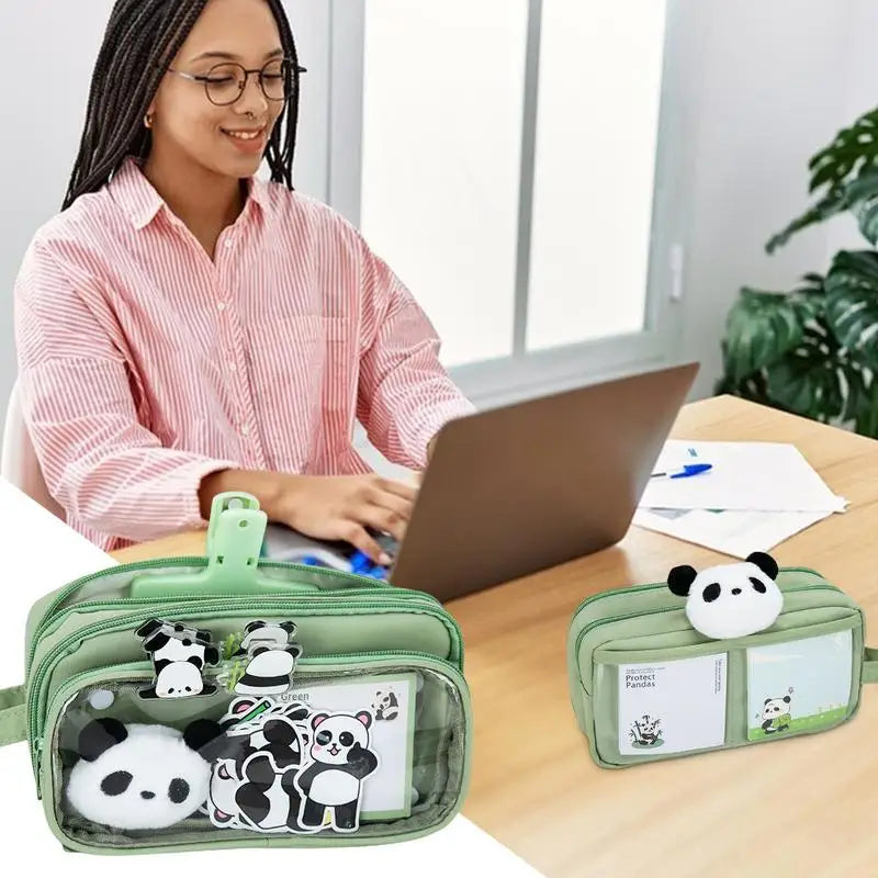 Cute Panda Pencil Case – Large-Capacity Pen Bag with Stickers, Doll & Pins for School 🐼✏️