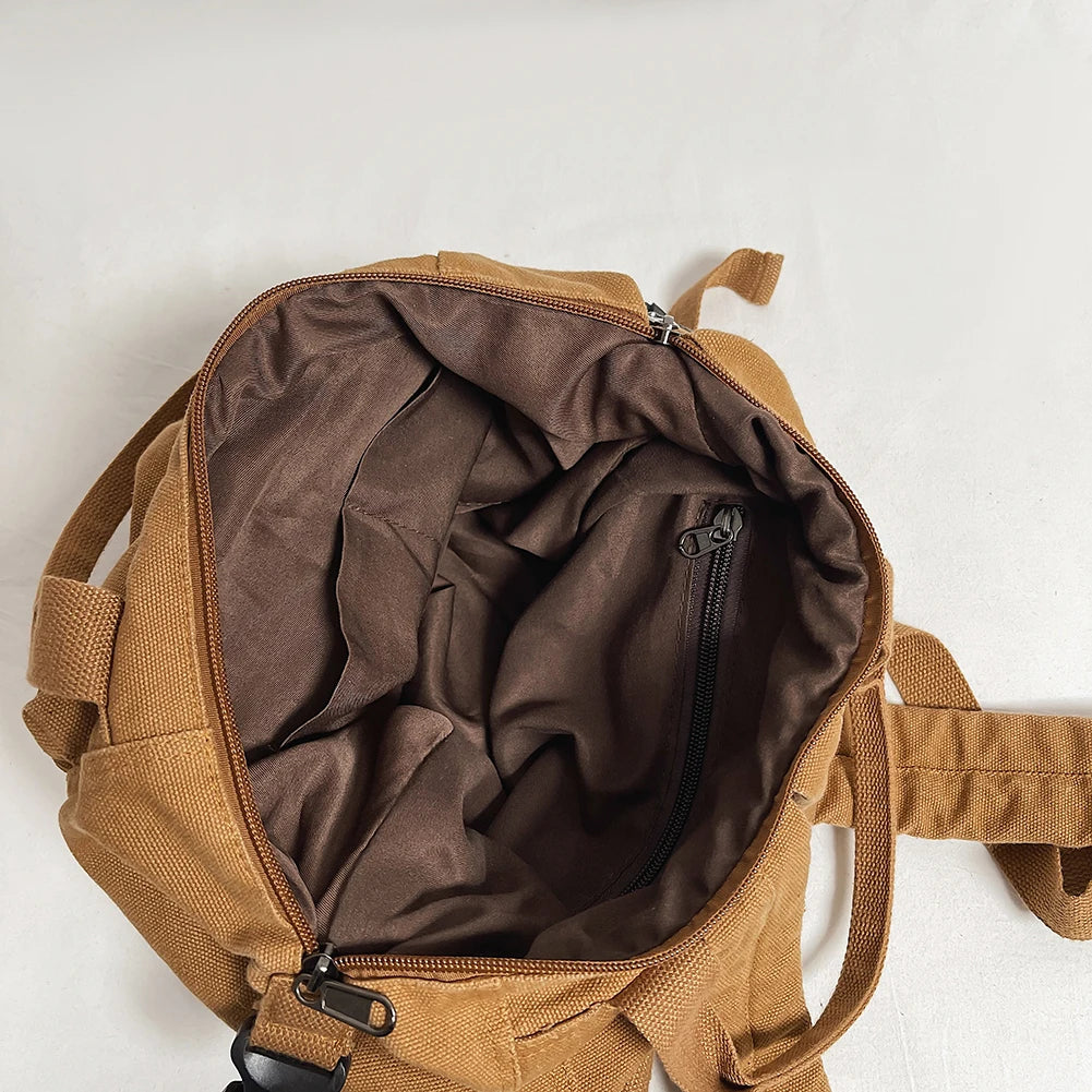 Simple Canvas College Schoolbag – Vintage Solid-Color Backpack for Students & Women | Large-Capacity 2024 Casual Bookbag