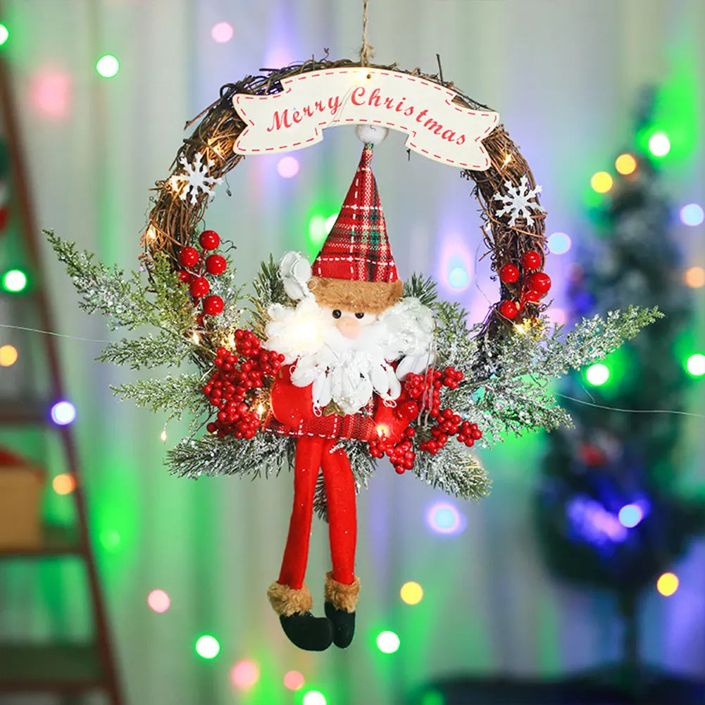 Christmas Hanging Wreath Decoration – Festive PVC Door Décor with Bow, Berries, Santa & Reindeer Design