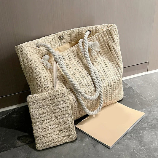 Designer women’s straw tote bag – large-capacity summer beach handbag, casual woven Bali-style purse for vacation, shopping & daily use