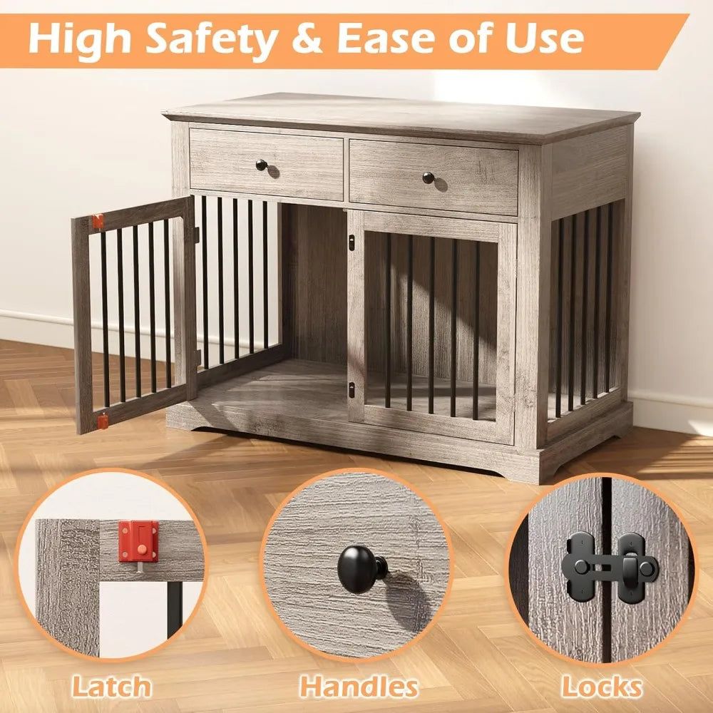 44" Wooden Dog Crate Furniture – Indoor Heavy-Duty Kennel with 2 Storage Drawers for Large Dogs
