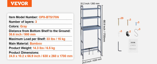 VEVOR Over-the-Toilet Storage Shelf – Adjustable Bamboo Bathroom Organiser with 3 Hooks & Space Saver Rack
