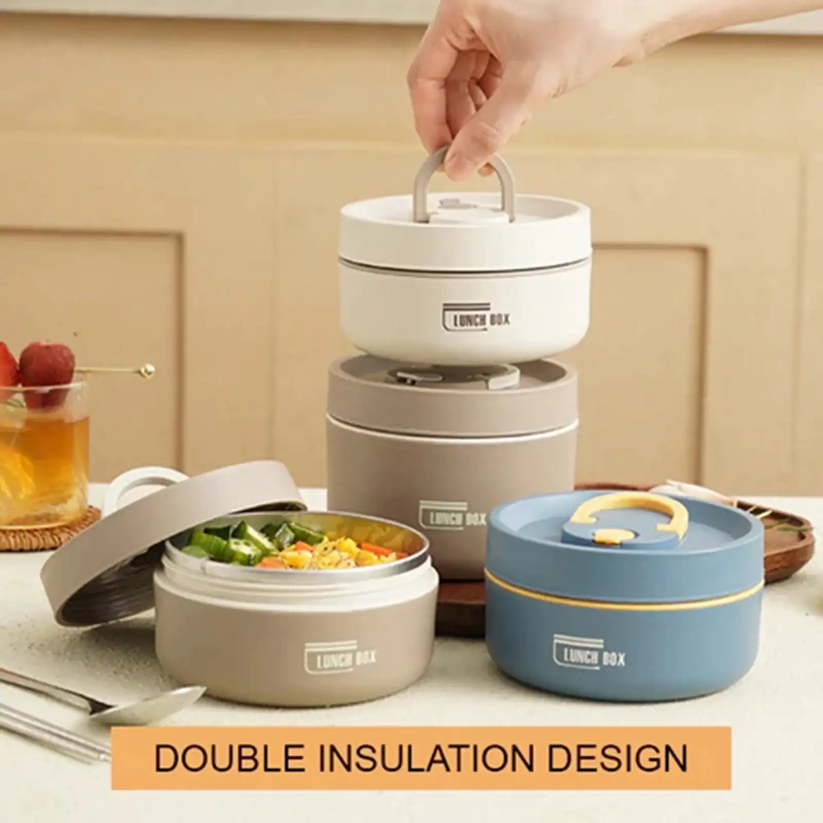 Round Leak-Proof Thermal Lunch Box with Lid & Folding Handle – For Kids, Students & Adults