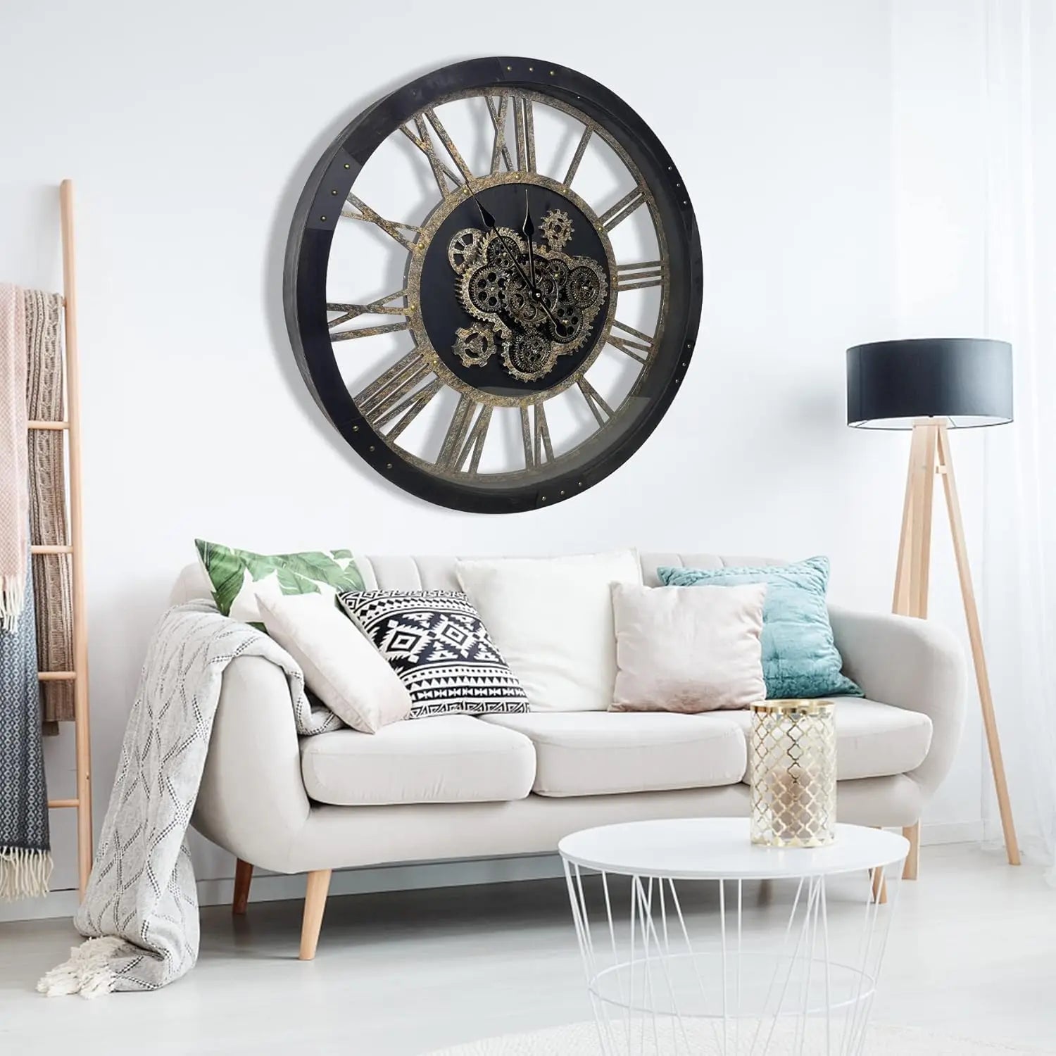 27-Inch Large Wall Clock with Real Moving Gears – Oversized Solid Wood Retro Farmhouse Clock with Toughened Glass Cover