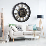 27-Inch Large Wall Clock with Real Moving Gears – Oversized Solid Wood Retro Farmhouse Clock with Toughened Glass Cover