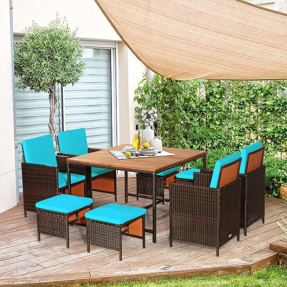 “9-Piece Rattan Wicker Patio Dining Set – Outdoor Dining Table & Chairs with Turquoise Cushions”