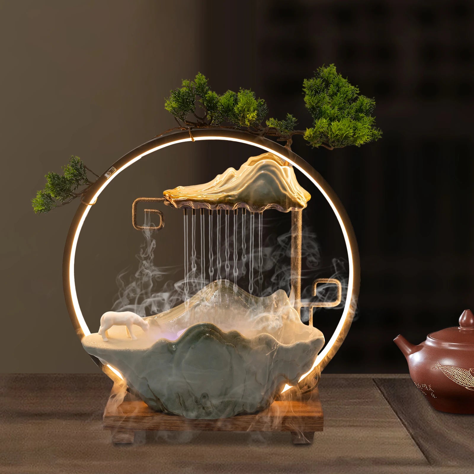 Backflow Incense Holder with Water Fountain & LED Light – Rockery Design with Horse & Plants for Relaxation 🪷💡