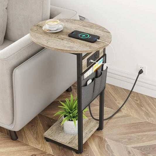 Greige C-Shaped End Table – Sleek Sofa Side Stand for Living Room, Bedroom