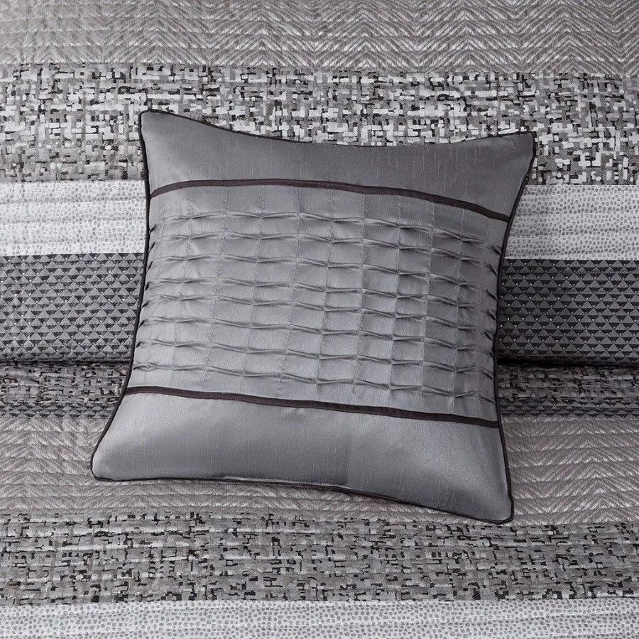 6-Piece Reversible Jacquard Quilt Set with Throw Pillows – Grey & Taupe King/Cal King | Elegant Reversible Bedding Set for Modern Bedrooms