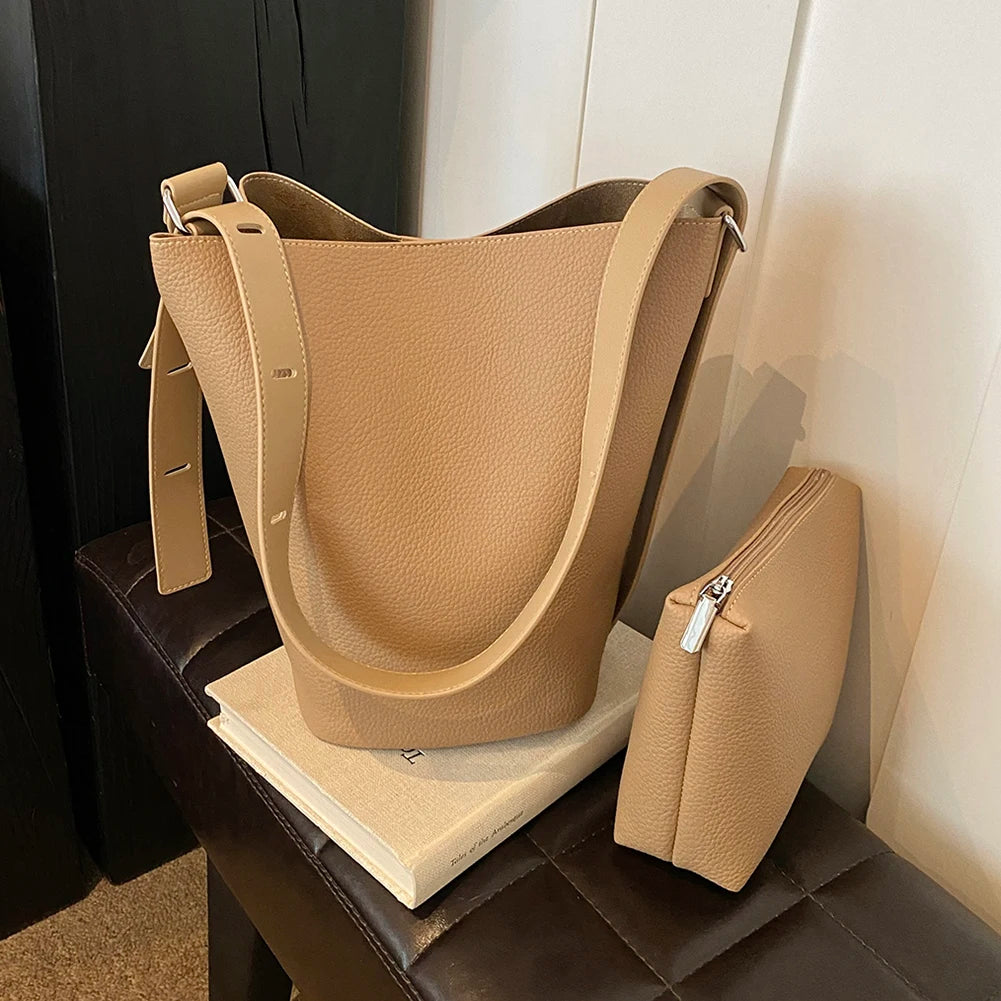 Women’s Vegan Leather Bucket Bag – Adjustable Strap Shoulder & Crossbody Tote