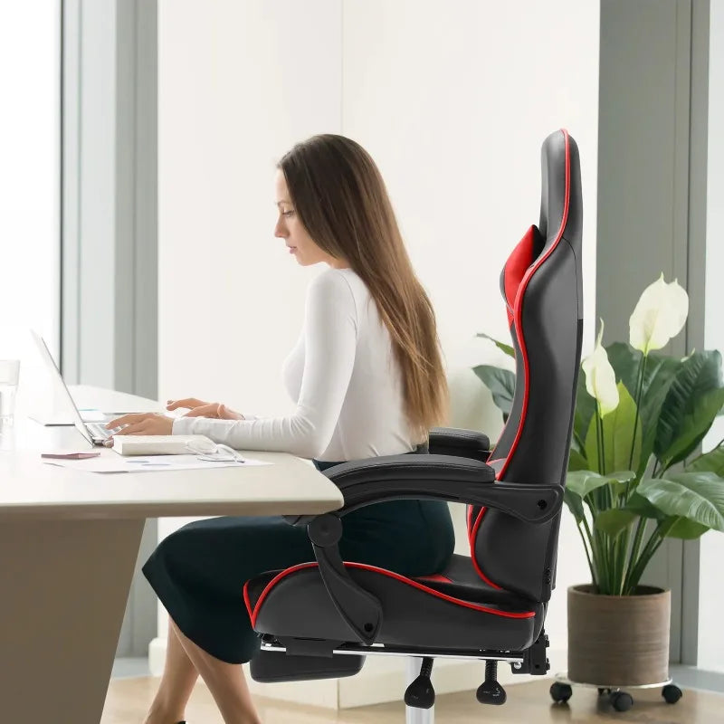 Ergonomic Gaming Chair with Headrest & Lumbar Pillow – Height Adjustable, 360° Swivel, Reclining Seat with Red Accents