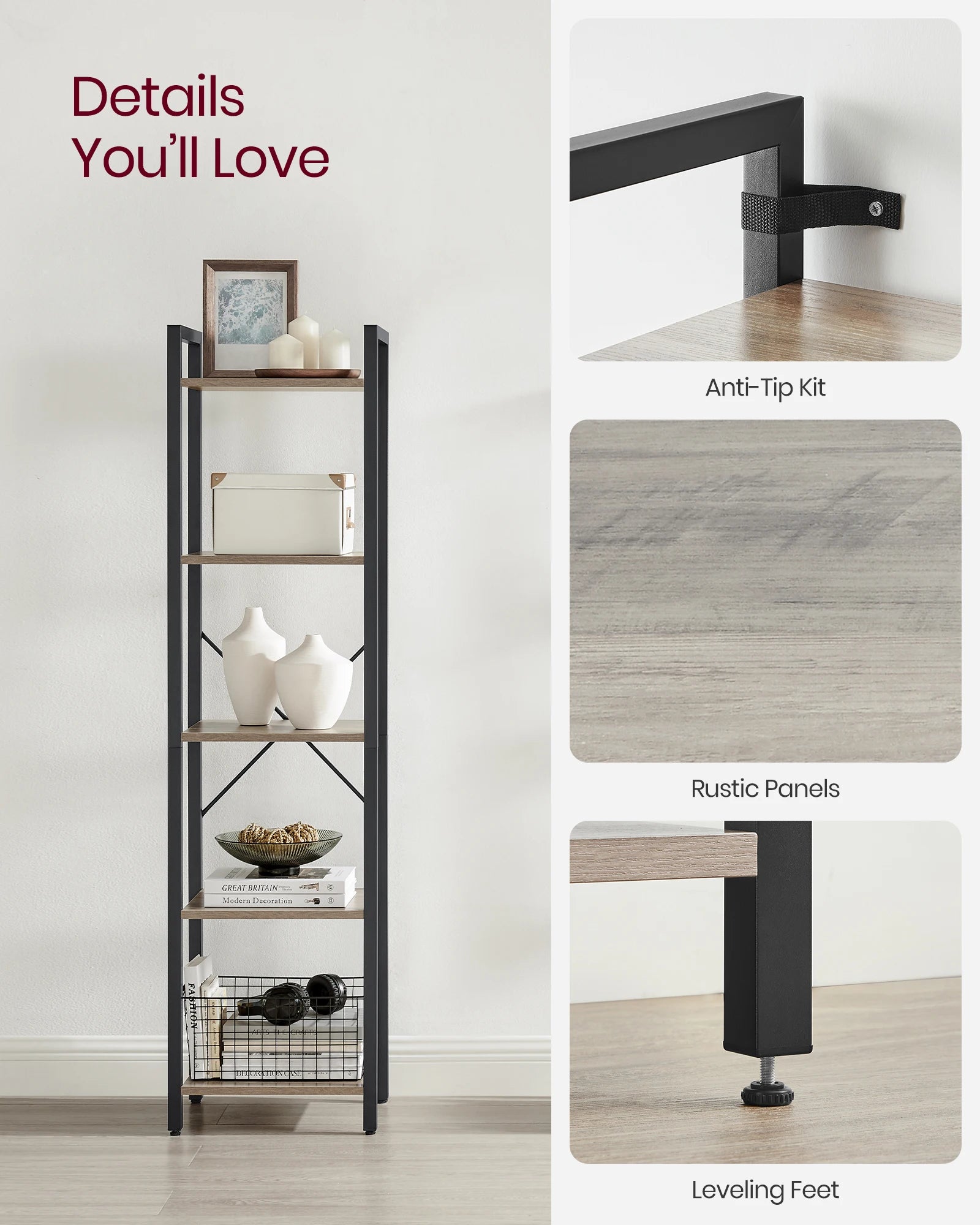 📚 VASAGLE 5-Tier Tall Bookshelf – Narrow Skinny Bookcase with Steel Frame for Living Room, Home Office & Study